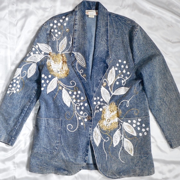 Tuesday's Gift Jackets & Blazers - Unique VTG 80s Painted Bejeweled Blue Denim Jacket M L Lace Tuesdays Gift